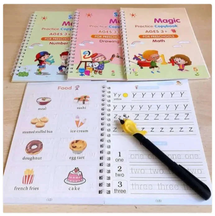 Sank Magic Practice Copybook Set Of 4 Books With Pen & Refills Reusable Handwriting Workbook Tracing Practice Book For Preschools