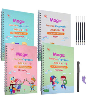 Sank Magic Practice Copybook Set Of 4 Books With Pen & Refills Reusable Handwriting Workbook Tracing Practice Book For Preschools