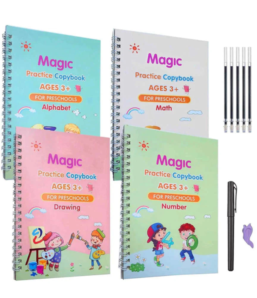 Sank Magic Practice Copybook Set Of 4 Books With Pen & Refills Reusable Handwriting Workbook Tracing Practice Book For Preschools