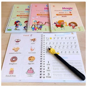 Sank Magic Practice Copybook Set Of 4 Books With Pen & Refills Reusable Handwriting Workbook Tracing Practice Book For Preschools